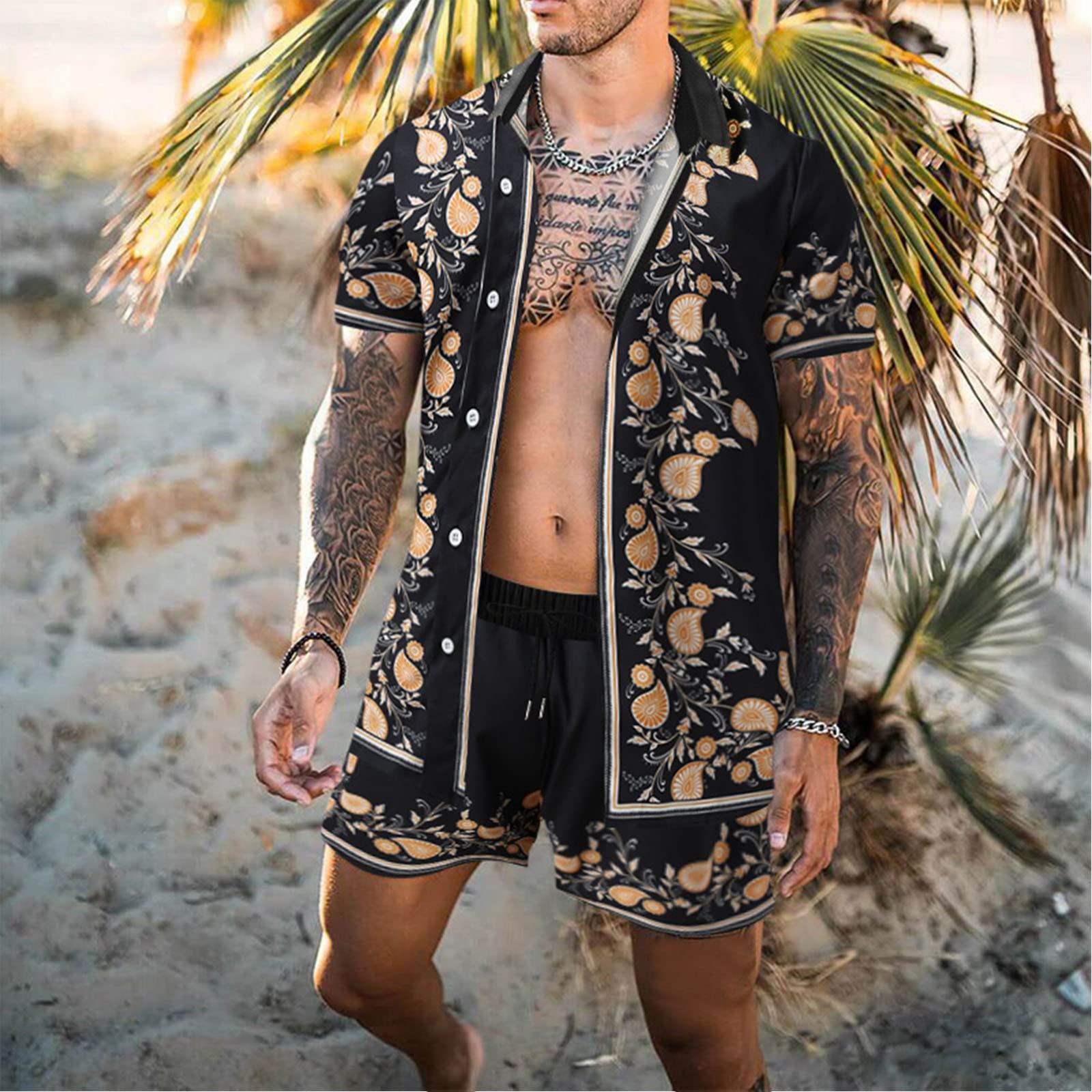 QWENTMTNTY Mens Hawaiian Shirts and Shorts Sets Casual 2 Piece Matching Outfit Luxury Floral Button Up Short Sleeve Dress Shirt Set Black