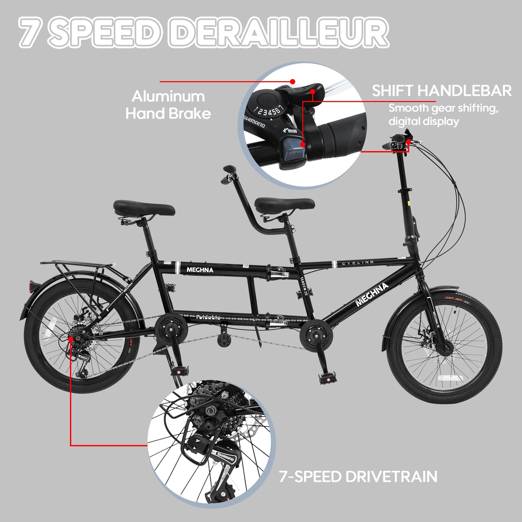 BGGFNZ Foldable Tandem Bike, 20 Inch Family Tandem Bikes for Adults, Adjustable 7-Speed Tandem Bicycles Beach Cruiser Bike for Travel and Couple Riding, High Carbon Steel Frame