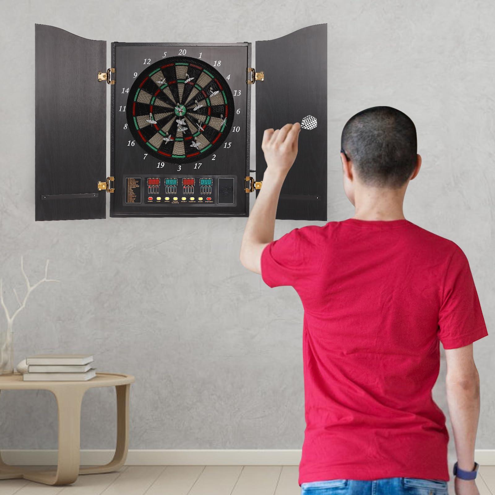 mignonnememe Electronic Dart Board Built in Cabinet Doors with Integrated Scoreboard, Dart Storage for 12 Darts Dartboard Cabinet Decorative Dartboard Cabinet Set Black