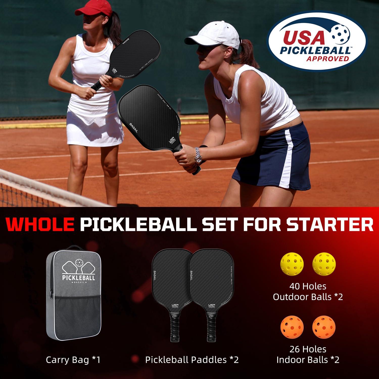 BAGAIL BAGAIL Pickleball Paddles, USAPA Approved Fiberglass Surface Pickleball Set, Lightweight Pickle Ball Rackets with 4 Balls, 1 Bag, Designed in California for Traction and Stability - 2 Pack, Black