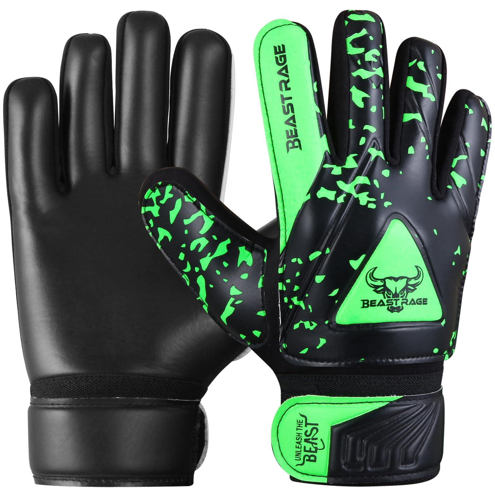 BEAST RAGE BEAST RAGE Goalkeeper Gloves for Kids Support Grip Youth Football Glove Kid Junior Soccer Glove for Kid 6-15 Men Adult Boys Football Gloves (Green, Size 5 for (9 to 12 Year Kid))