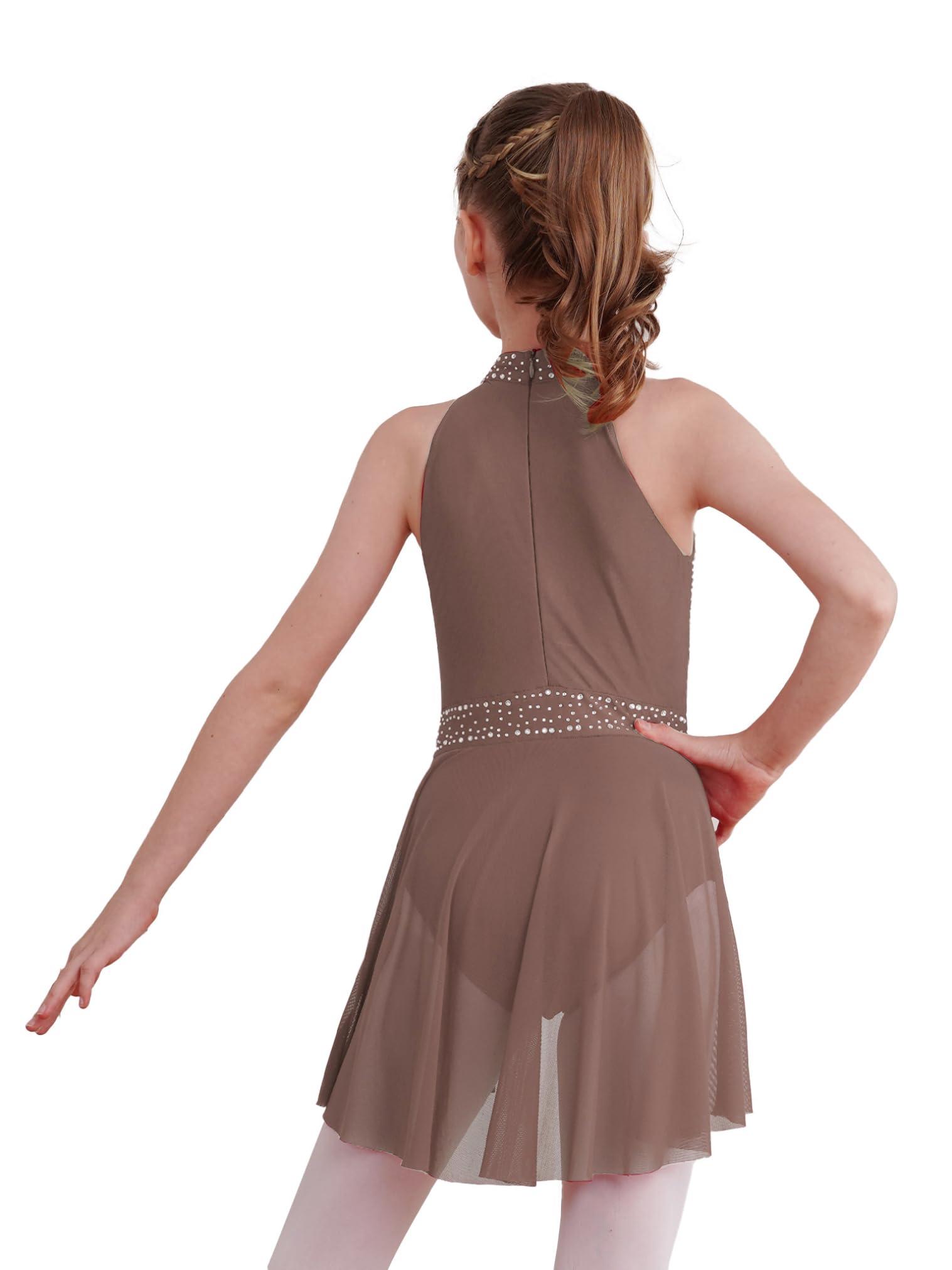 JEATHA JEATHA Kids Girls Rhinestone Sleeveless Mock Neck Roller Skating Dress Gymnastic Leotard Ballet Dance Costume Dusty Pink B 16