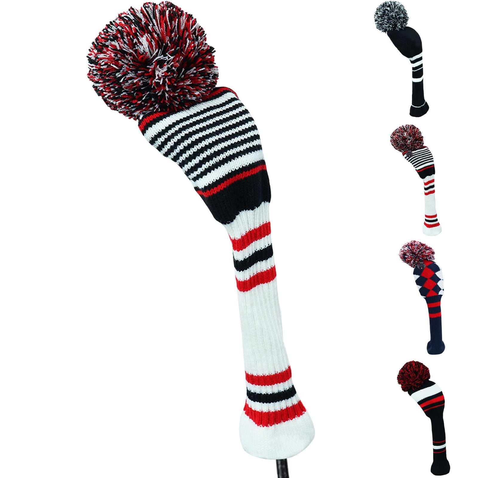 Amy Sport Golf Head Covers Knitted Woods Driver Fairway Hybrid Pom Pom Cover Washable Soft Kint Headcover 1 3 5 for Men Women Kids Sold in Separate (White&Black&Red Stripes, #1 Driver)