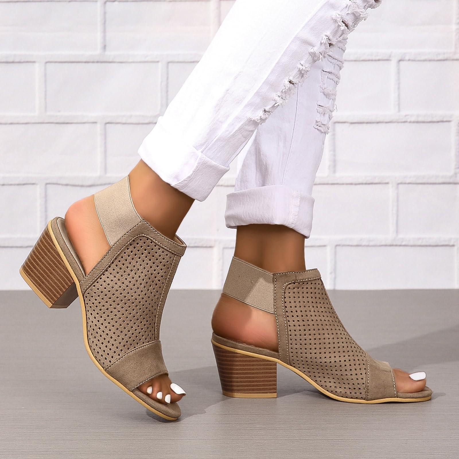 NineFit Basics Women Peep Toe Booties Open Toe Boots Cutout Ankle Strap Mid Black Chunky Heel Block Sandals