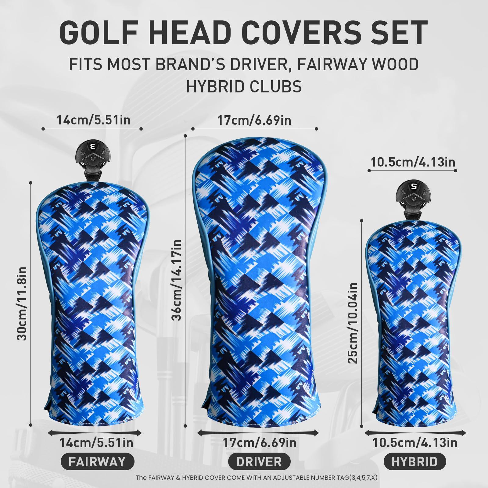 FINGER TEN FINGER TEN Golf Club Head Covers for Woods Driver Fairway Hybrid with Interchangeable Number Tag 1 3 5 Premium Leather Headcovers for Women Men (Royal Blue)