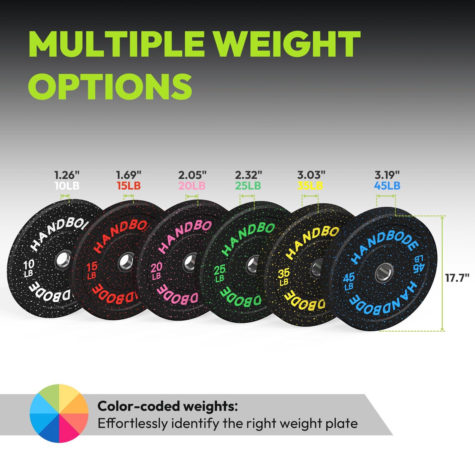 HANDBODE HANDBODE Bumper Plates High-Bounce Olympic Weight Plates, Colored crumb rubber plate for Weight Lifting and Strength Training 100LB with 45 lb (20 kg) Black Barbell