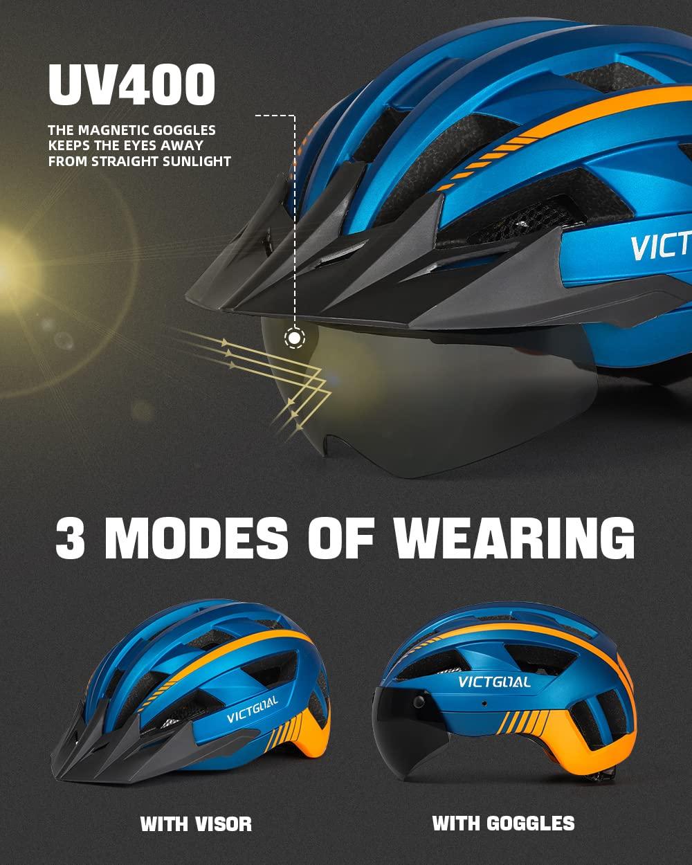 VICTGOAL VICTGOAL Bike Helmet with USB Rechargeable Rear Light Detachable Magnetic Goggles Removable Sun Visor Mountain & Road Bicycle Helmets for Men Women Adult Cycling Helmets (L: 57-61 cm, Blue)