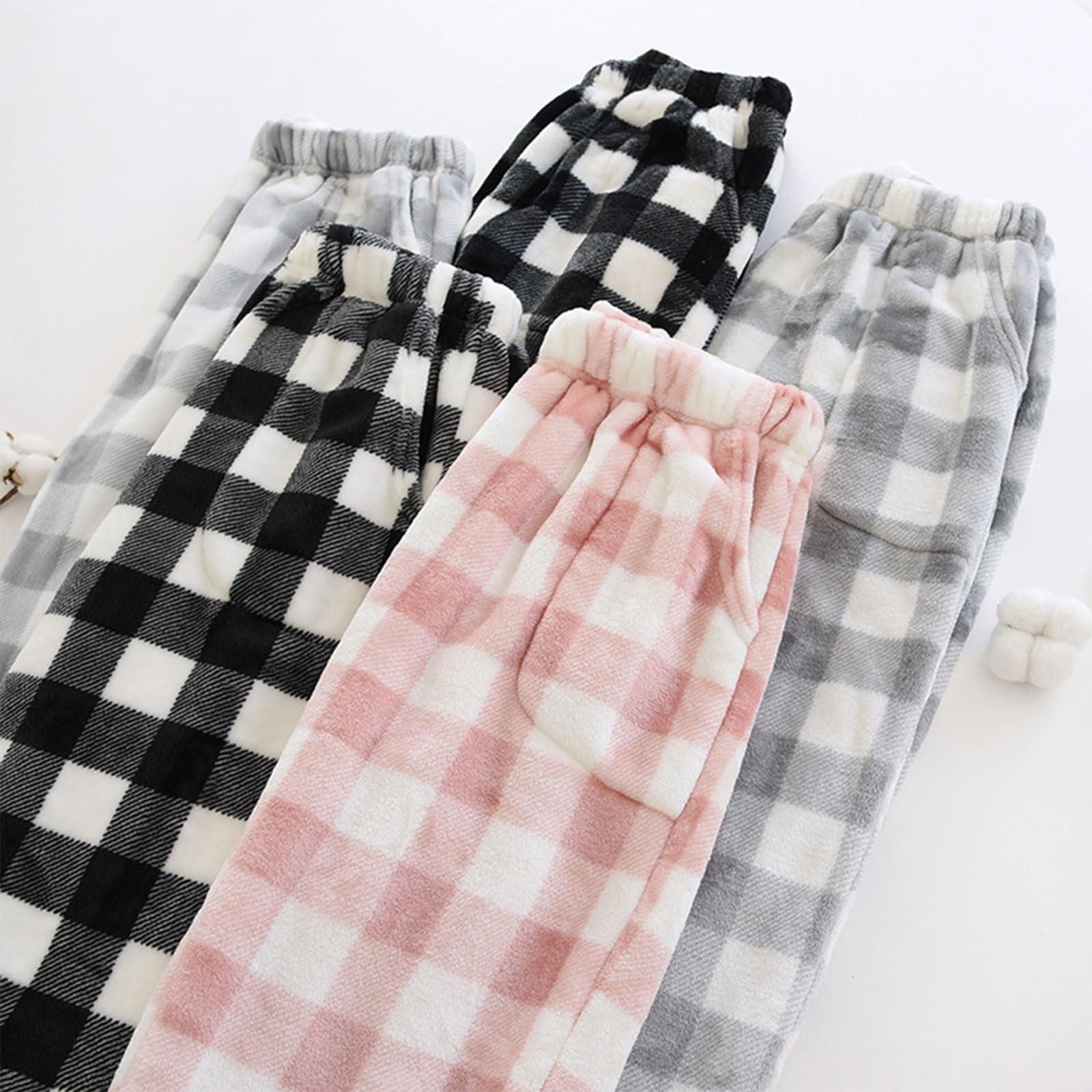 tobchonp Plaid Flannel Pajama Pants Women Loose Elastic Waist Fluffy Plaid Pj Pants Comfy Wide Leg Lounge Pants with Pockets Casual Wide Leg Pants Warm Baggy Pants Fleece Fall Pajamas Fuzzy Plus Szie Pants