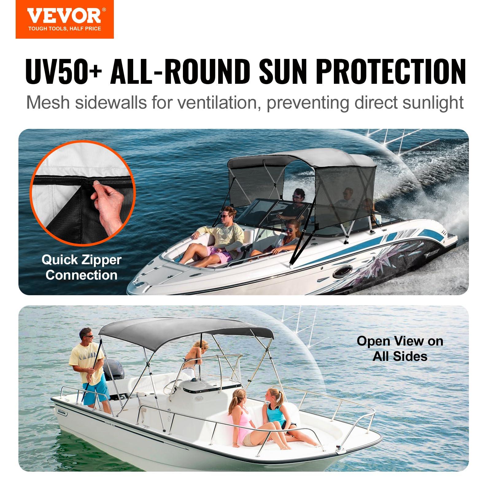 VEVOR VEVOR 3 Bow Bimini Top Boat Cover, Detachable Mesh Sidewalls, 600D Polyester Canopy with 1" Aluminum Alloy Frame, Includes Storage Boot, 2 Support Poles, 2 Straps, 6'L x 46" H x 61"-66" W, Light Grey