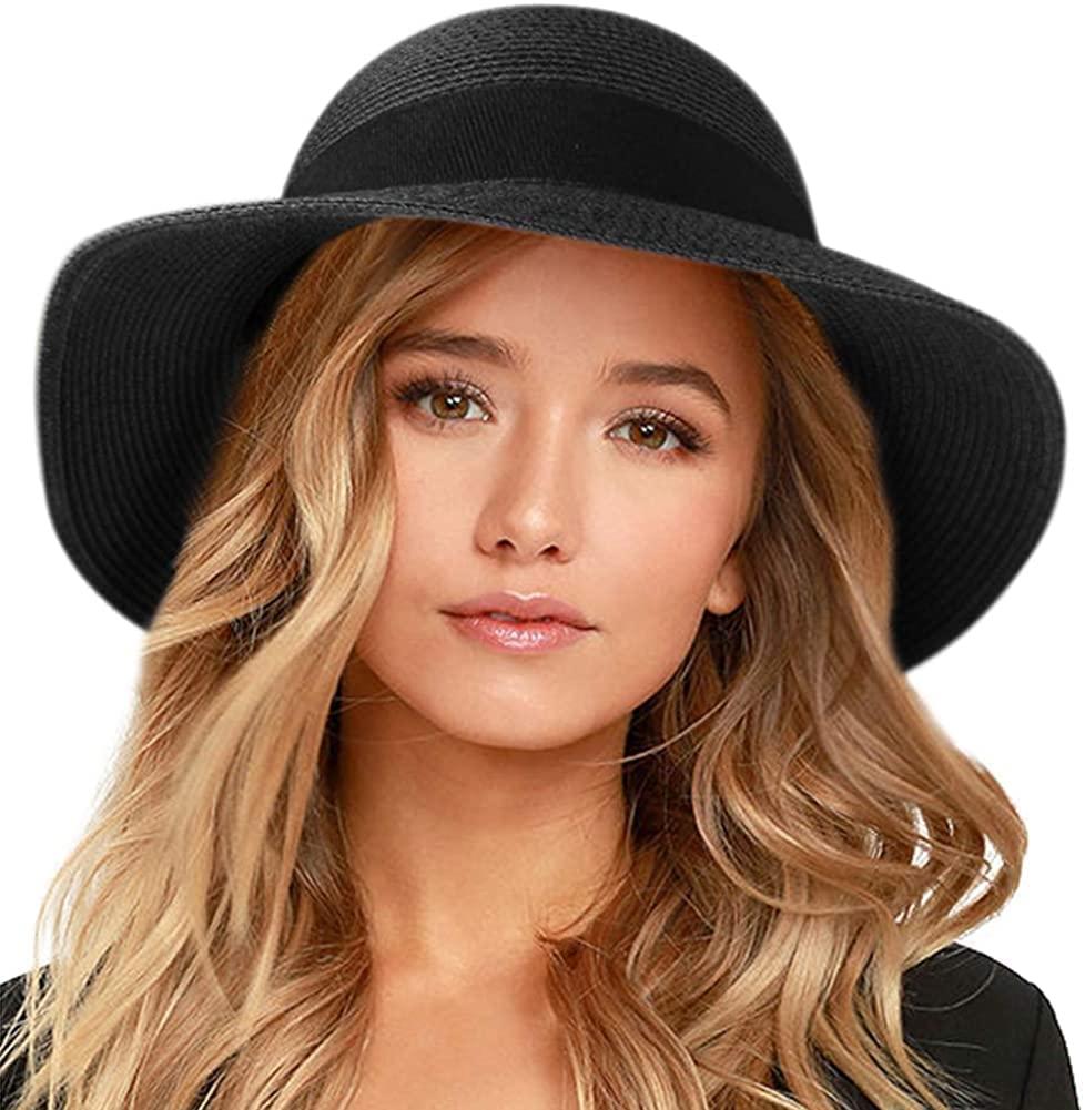 FURTALK FURTALK Womens Beach Sun Straw Hat UV UPF 80+ Travel Foldable Brim Summer UV Hat Black