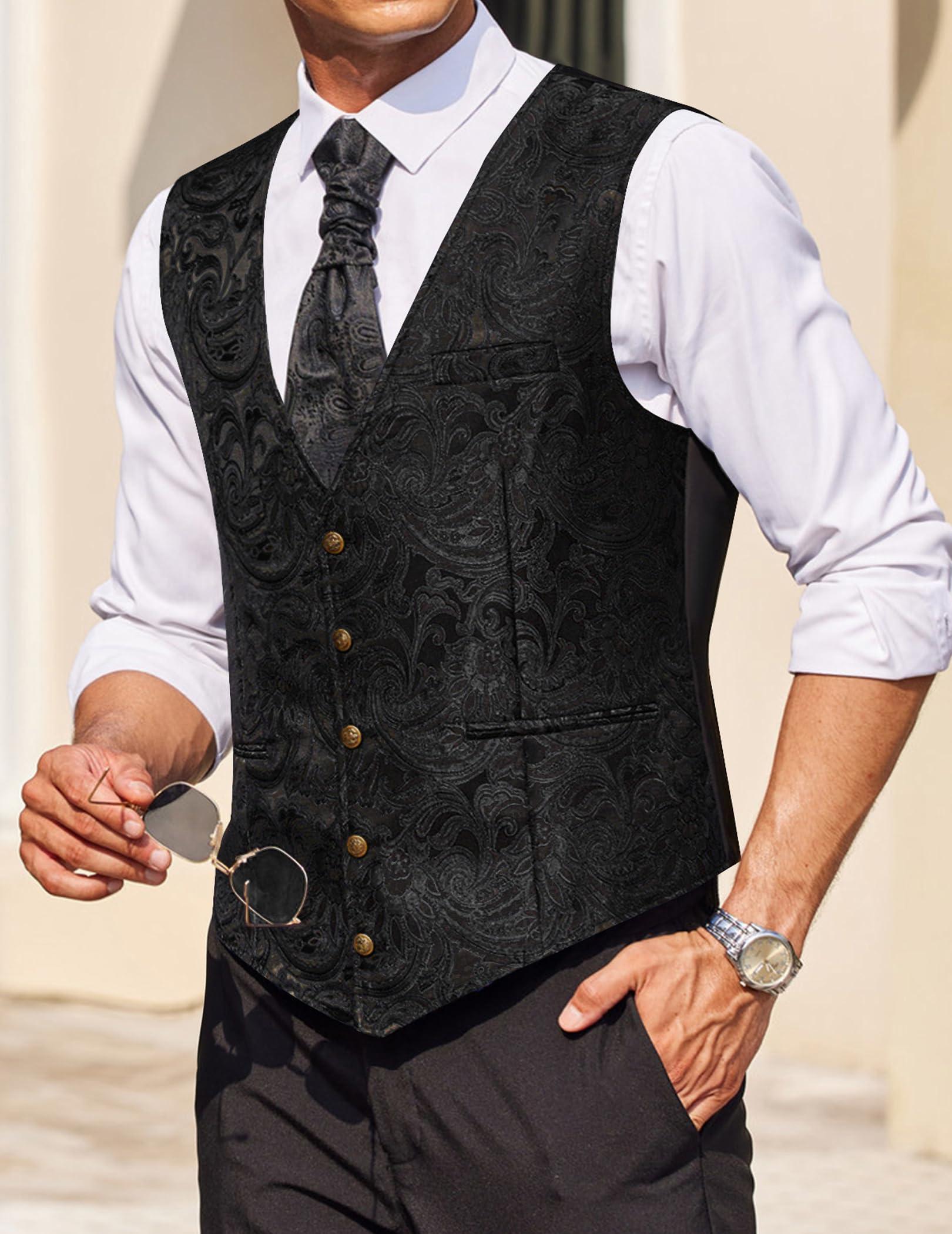 COOFANDY COOFANDY Black Dress Vest for Men Paisley Jacquard V-Neck Suit Vests Victorian Tuxedo Waistcoat Vests, Black, XXL