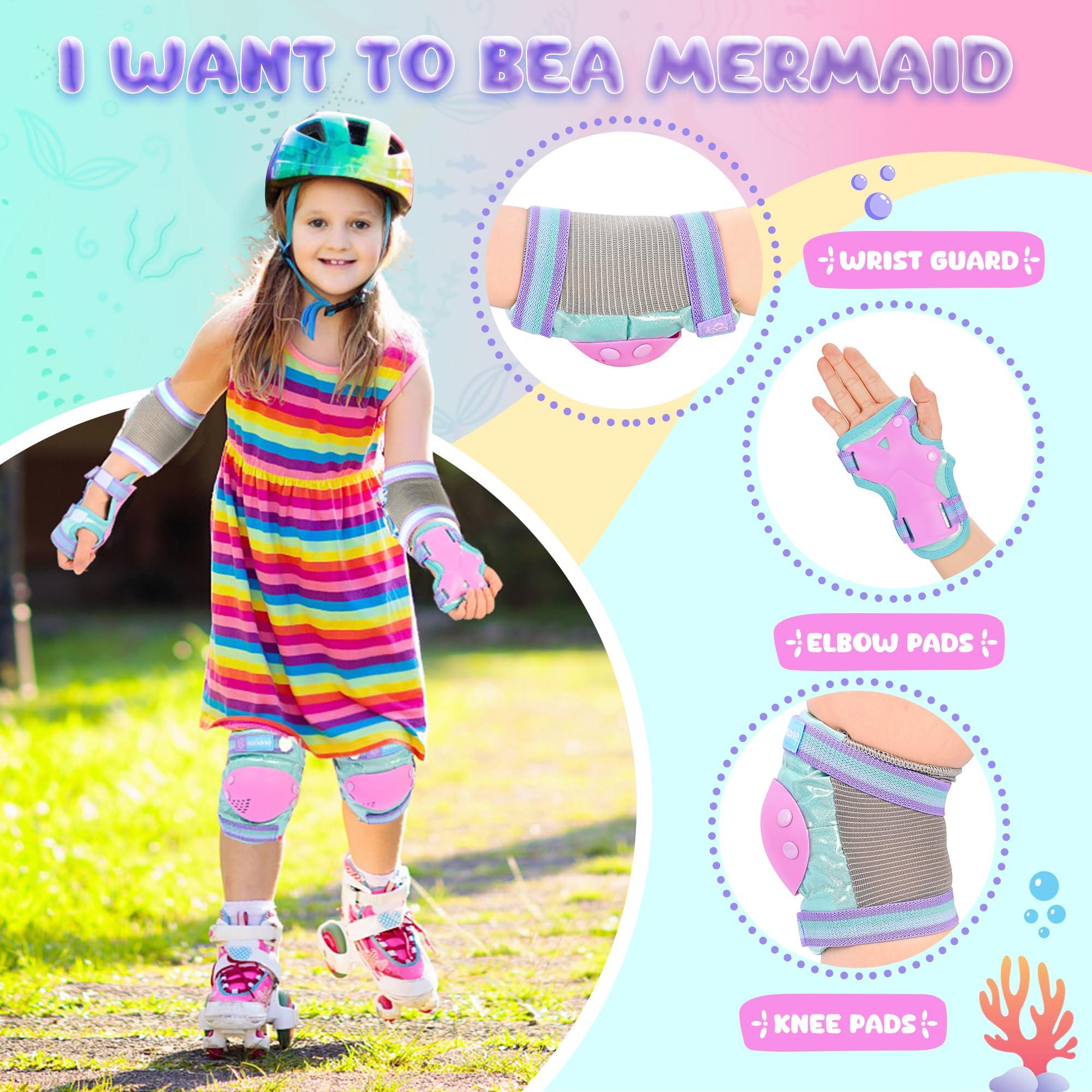 NEMONE NEMONE Mermaid Knee Pads for Kids, Girls Boys Knee Elbow Pads Wrist Guards with Drawstring Bag, Adjustable Reflective Protective Gear Set for Roller Skates Bike Cycling Skateboard Scooter