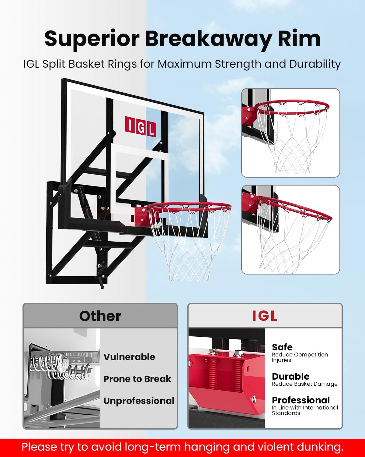 IGL IGL Wall Mount Basketball Hoop, 54in Basketball Hoop Outdoor with Shatterproof Backboard, 7.5ft-10FT Height Adjustable,Heavy Duty Breakaway Rim Combo Fit Most Slanting Roofs