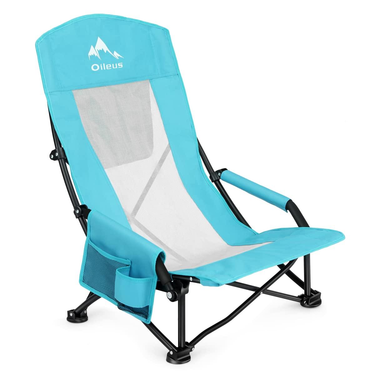 Oileus Oileus Folding Portable Beach Chair High Back 1 Pcs and X-Large 4 Person Beach Tent Sun Shelter Blue