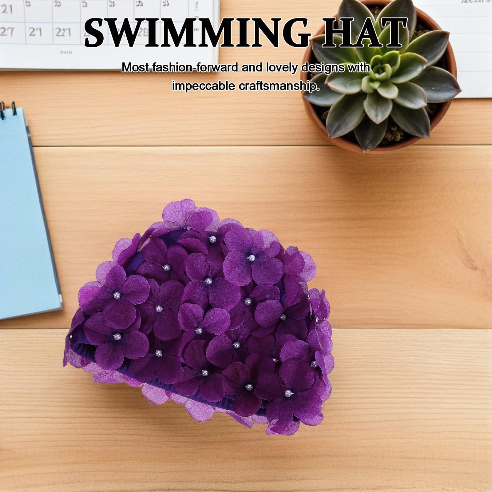 POPETPOP POPETPOP Flower Swim Cap - Floral Retro Swim Cap for Women, Funny for Long, Short Hair, Sport for Swimming Pool, Beach, Vacation(Purple)