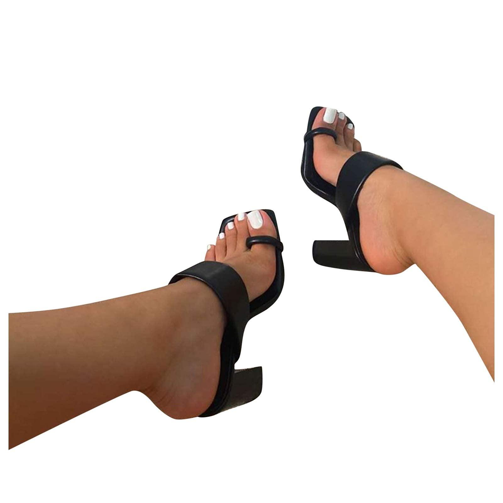 ZBYY ZBYY Women's Square Toe Two Strap High Heeled Sandal Ring Toe Slip On Summer Sandals Dress Heeled Slippers High Slides