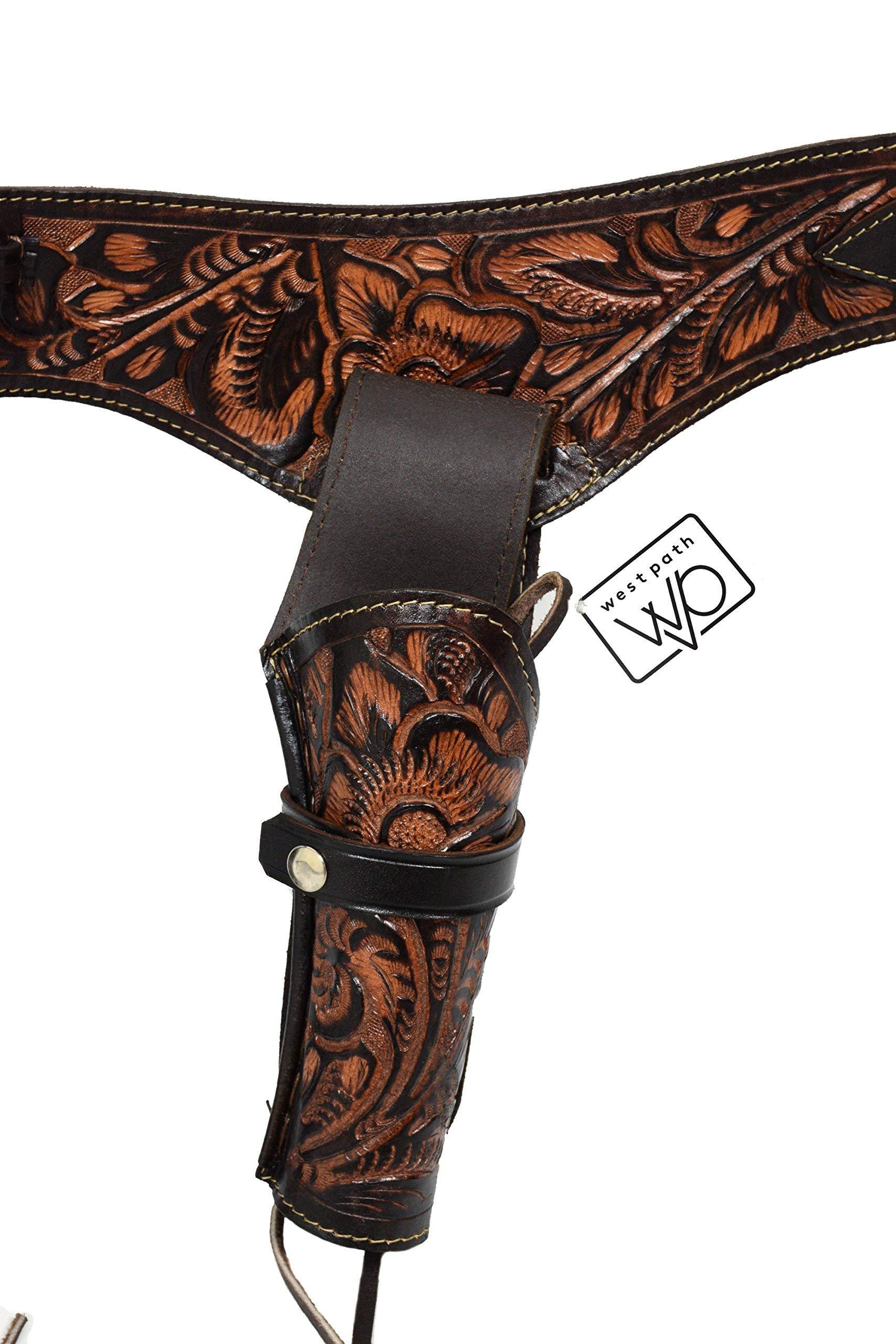 Open Road Goods 38/357 Caliber Western Leather Gun Holster & Belt - Cowboy Style Single Drop Rig Standard Barrel - Authentic Handmade Hand Tooled (Brown, 54)