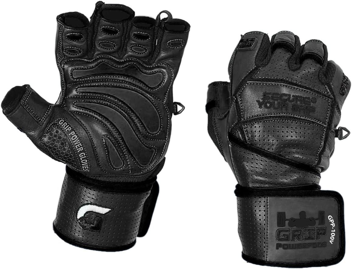 Grip Power Pads Elite Leather Gym Gloves with Built in 2" Wide Wrist Wraps Best Leather Glove Design for Weight Power Lifting Bodybuilding & Strength Training Workout Exercises (Black, Large)