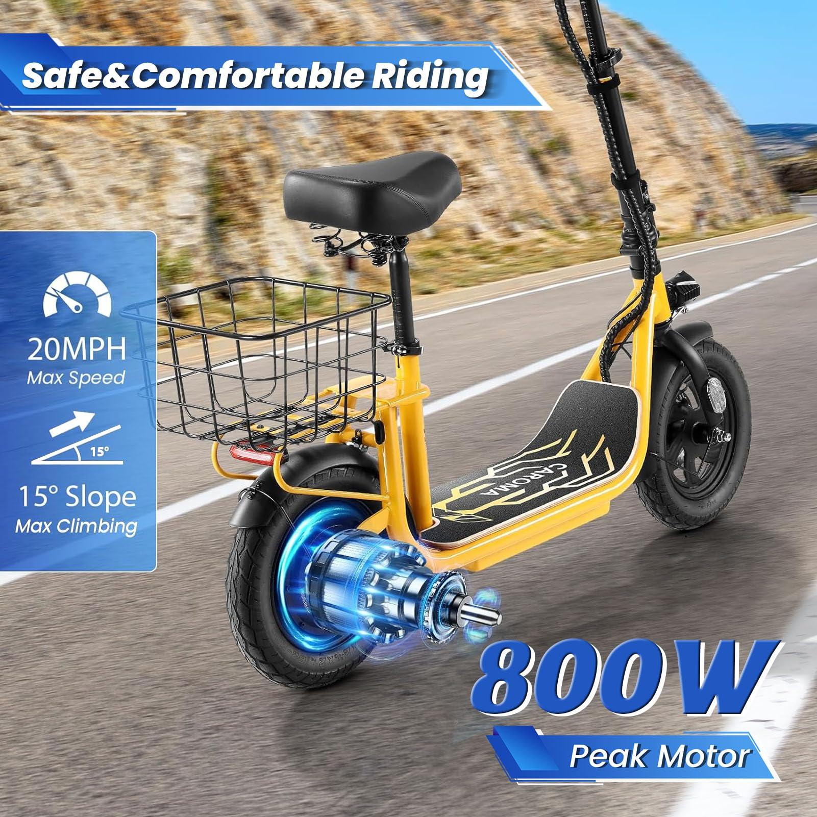 Caroma Caroma Peak 800W Electric Scooter Adults, 30 Miles Max Range, Adjustable Handlebar Height, Foldable Electric Scooter with Seat, Detachable Large Basket, Commuter E-Scooter for Adult and Teens
