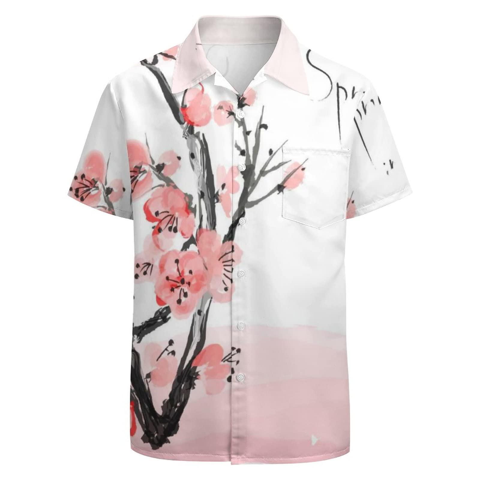 BAIKUTOUAN BAIKUTOUAN Japanese Cherry Blossom Men's Short Sleeve Shirt Casual Loose Button Down Shirts for Work Beach Vacation 3XL