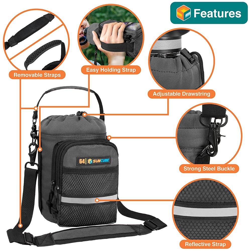 SUN CUBE SUN CUBE Water Bottle Carrier with Strap, Insulated Water Bottle Carrier Bag with Phone Pocket Pouch, Sleeve Sling Purse Crossbody Bottle Holder for Walking, Sports, Hiking Accessories, Gray 64oz