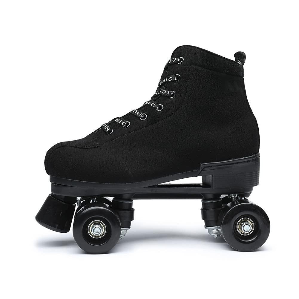 Exgingle Black Roller Skates Outdoor Suede Quad Skates for Women and Men Size 43