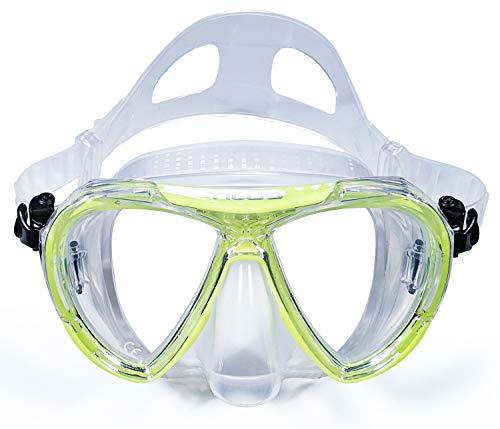 Tilos Tilos Revo, Wide View Snorkel Diving Mask: Scuba, Snorkeling, Free Dive, and Swim 180 Masks - Anti Fog Divers Goggles with Double Lens, Elastic Strap - Men/Women Adult Water Gear (Yellow)
