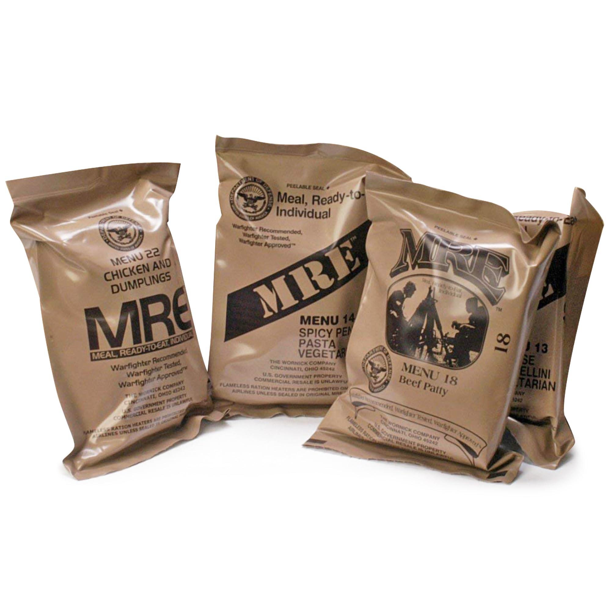 MRE Meals Ready to Eat Surplus (Pack of 4) - MRE Emergency Food Rations w/Assorted Flavors for Camping, Survival & More - 2015 Package date or Newer