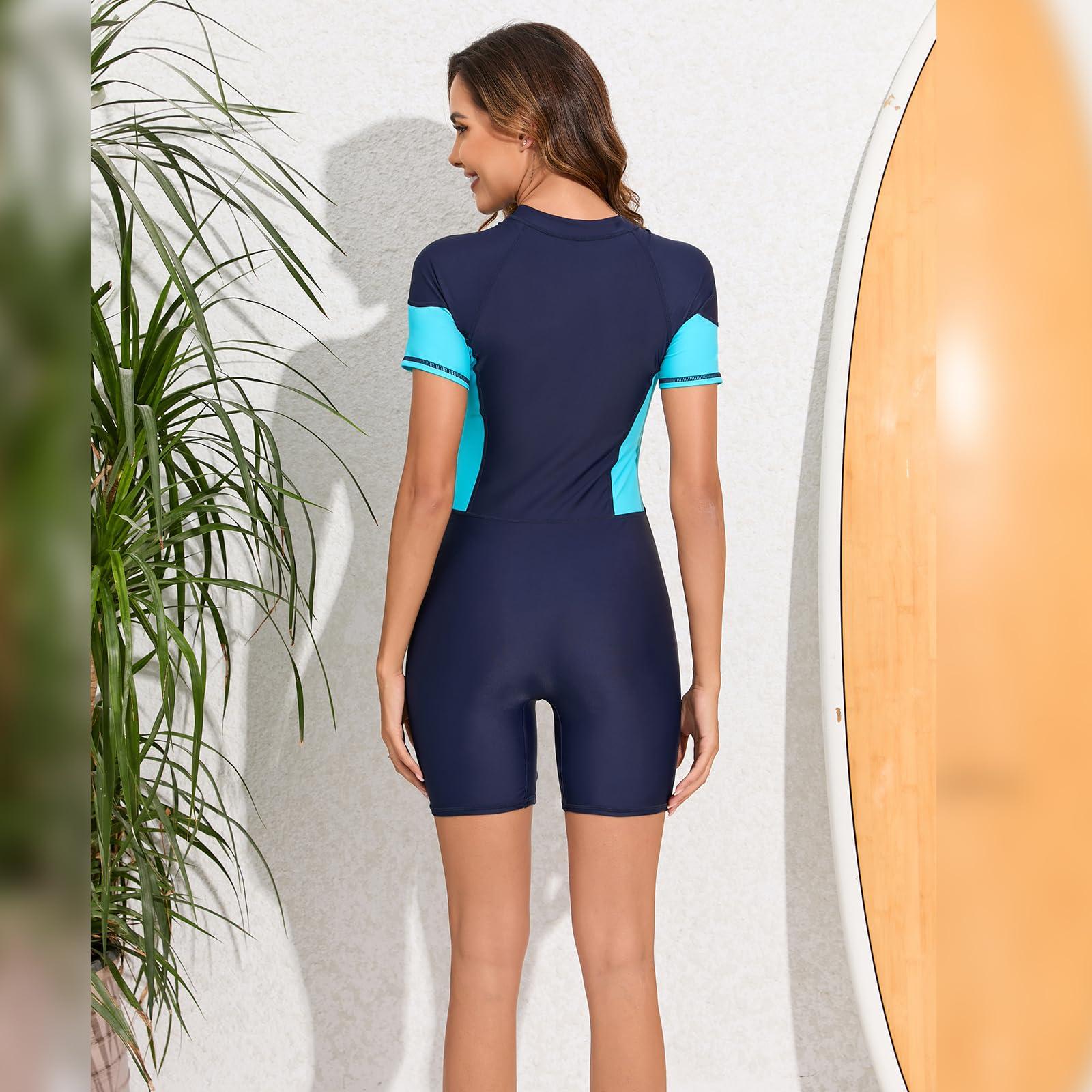 FYMNSI Modest One Piece Swimsuit for Women UPF 50+ Bathing Suit Short Sleeve Zipper Surfing Athletic Rash Guard Tummy Control Boyleg Boyshort Rashguard Summer Sun Protection Swim Suit Navy Blue + Aqua XL