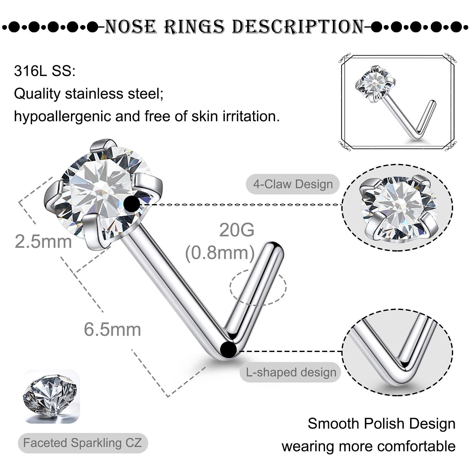 Gnznzko Gnznzko Nose Studs Nose Rings for Women 18G 20G 22G Corkscrew Nose Ring Stainless Steel G23 Titanium Nose Screw Studs Nose Rings Studs Surgical Steel Nostril Nose Piercing Jewelry for women, GN-0073