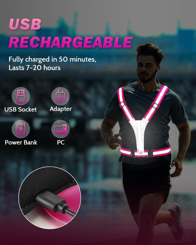 Fitense XL Size - LED Reflective Running Vest, 5 Colors Light Up Running Vest Rechargeable Running Lights for Runners High Visibility Reflective Running Gear, Adjustable for Men and Women