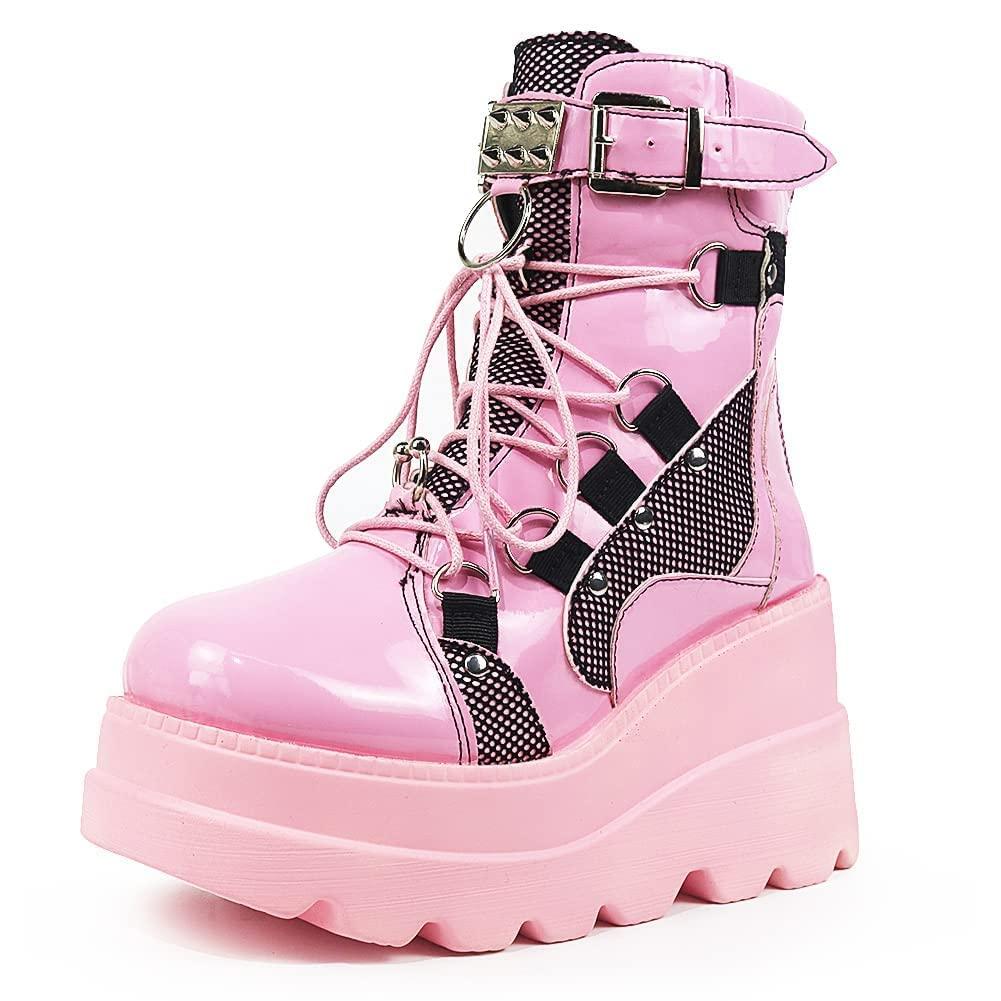 ZBYY ZBYY Women's Combat Ankle Boots Zipper Lace Up Chunky Military Platform Shoes Wedge Heel Studded Goth Mid Calf Combat Booties