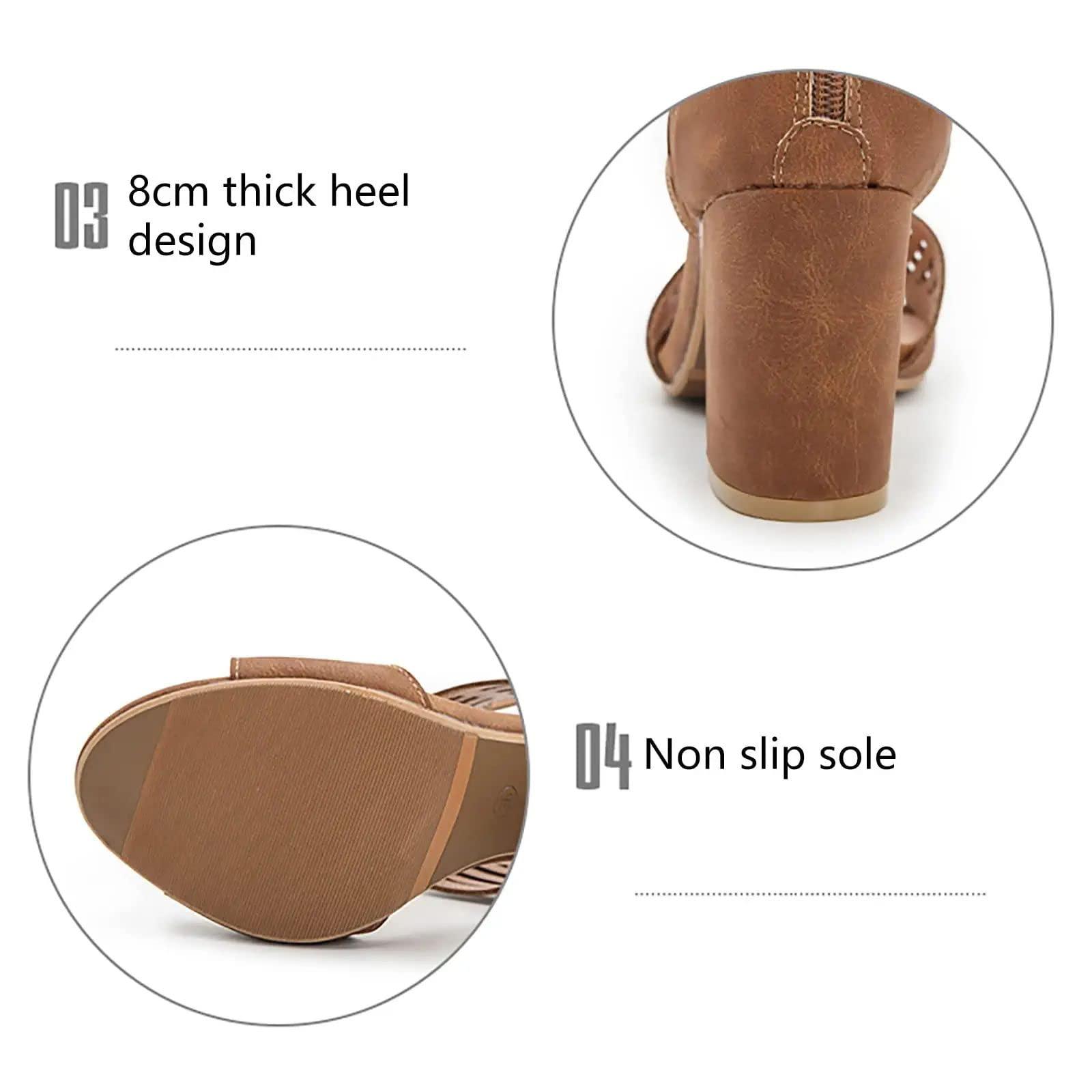 BORAMAX BORAMAX Chunky Heeled Sandals for Women Cutout Strappy Peep Toe Block Heels Buckle up Party Dressy Sandal Women Booties