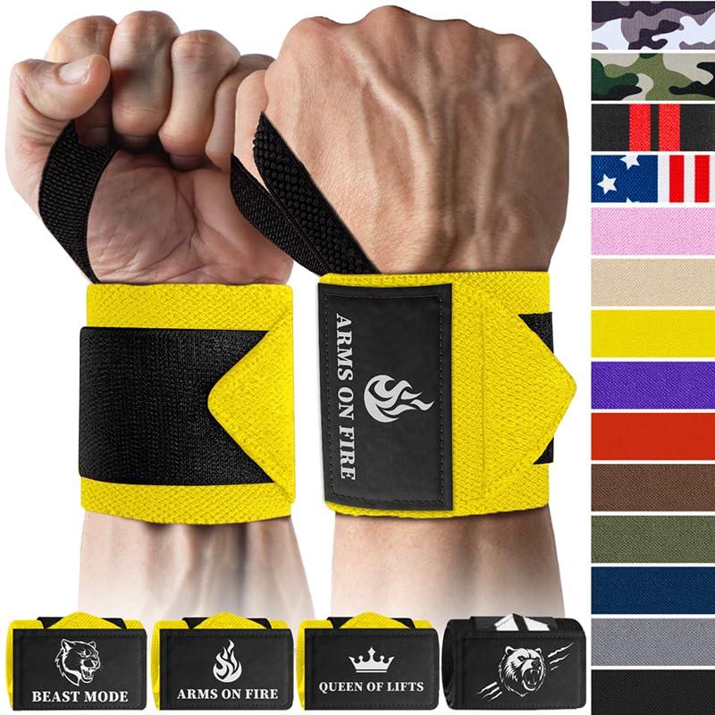TECEUM TECEUM Weightlifting Wrist Wraps with Thumb Loop Yellow Arms on Fire 12 inch Heavy-Duty Workout Wrist Support & Protection Ideal for Powerlifting, Strength Training, Bodybuilding