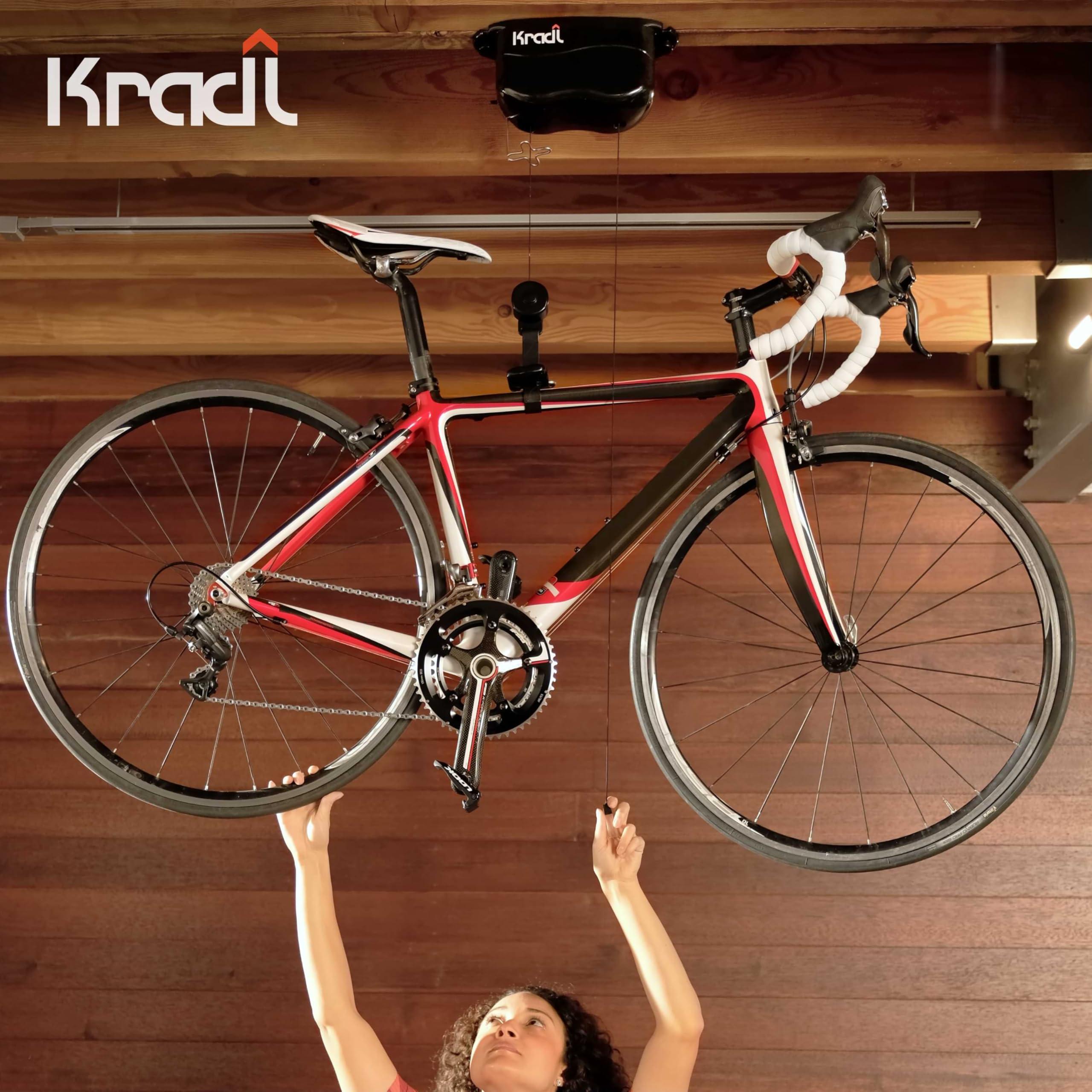 Kradl Kradl - Ceiling Mount Bike Lift and Rack. Bicycle Storage Hoist Without Electricity, Clumsy Ropes or Pulleys. 25 Pound Capacity.