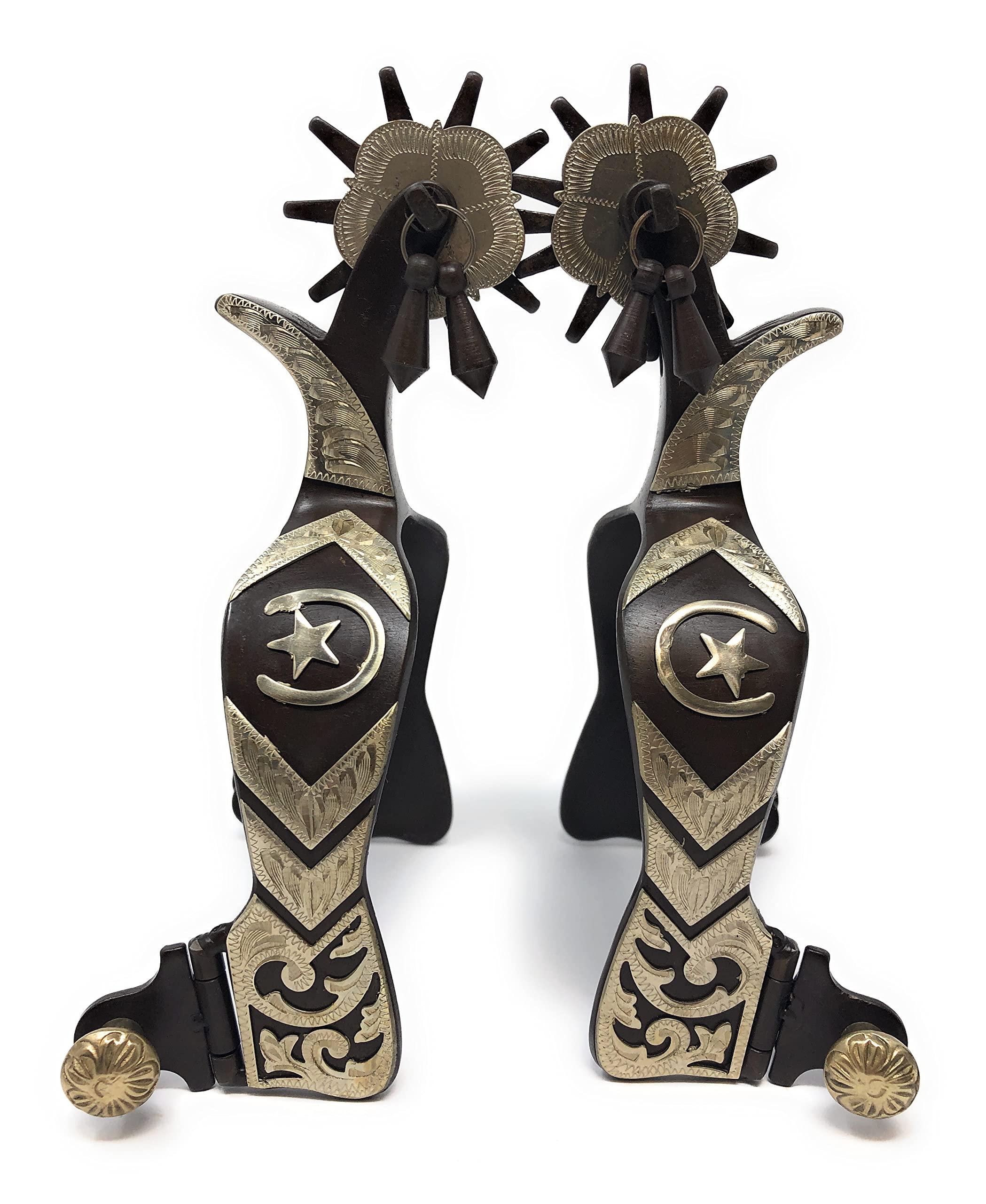 AJ Tack Wholesale AJ Tack Men\'s Western Show Spurs Horse Shoe Star Silver Engraving Jingle Bobs Chap Guard