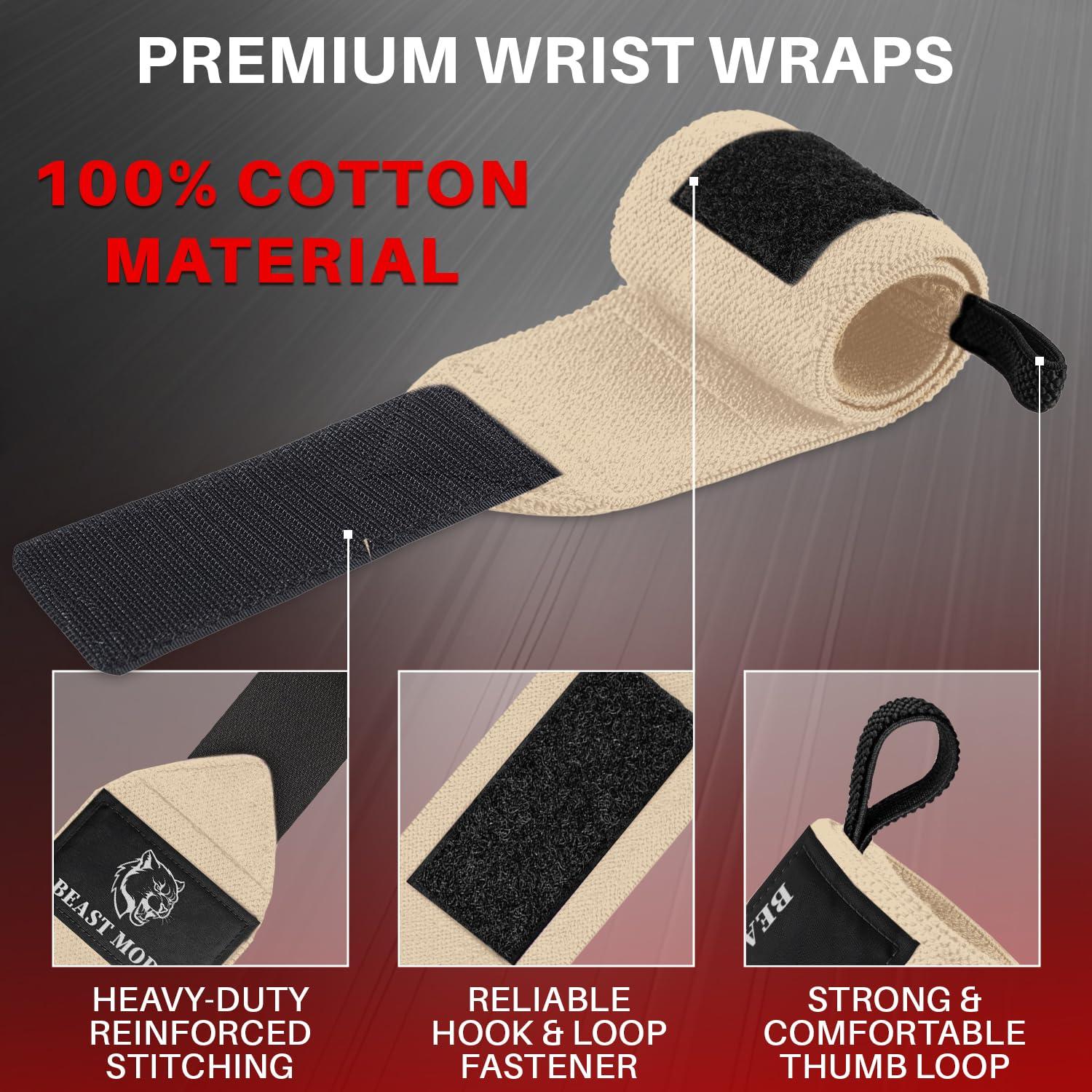 TECEUM TECEUM Weightlifting Wrist Wraps with Thumb Loop Beige Beast Mode 12 inch Heavy-Duty Workout Wrist Support & Protection Ideal for Powerlifting, Strength Training, Bodybuilding