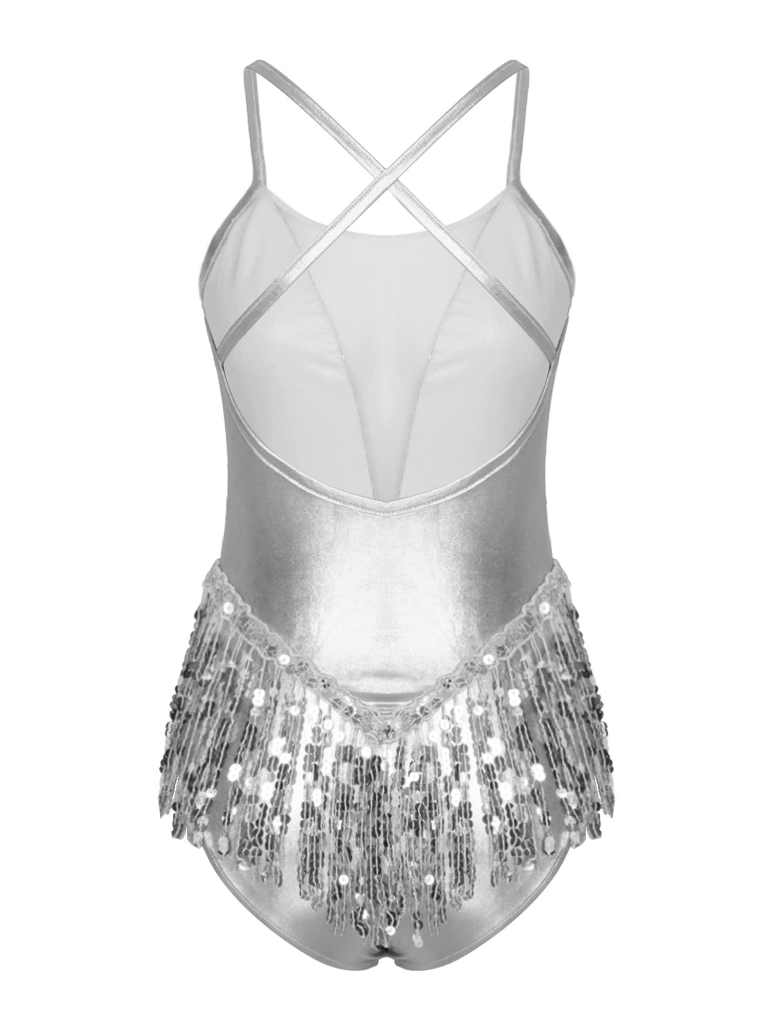 HULIJA HULIJA Women\'s Shiny Sequin Leotard Fringe Tassel Latin Jazz Dance Leotard Ballroom Lyrical Dance Costumes Silver Large