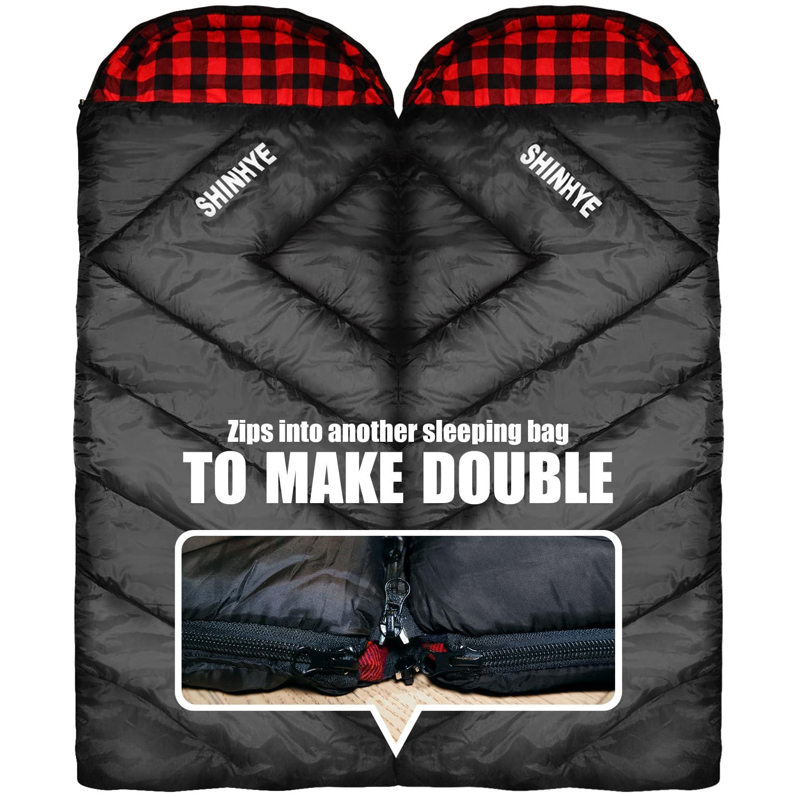 ShinHye ShinHye 0 Degree Sleeping Bag for Adults - Cotton Flannel 4 Season Cold Weather Winter, XXL Big and Tall Camping Sleeping Bag with Compression Sack (Black, 90"35" Right Zip)