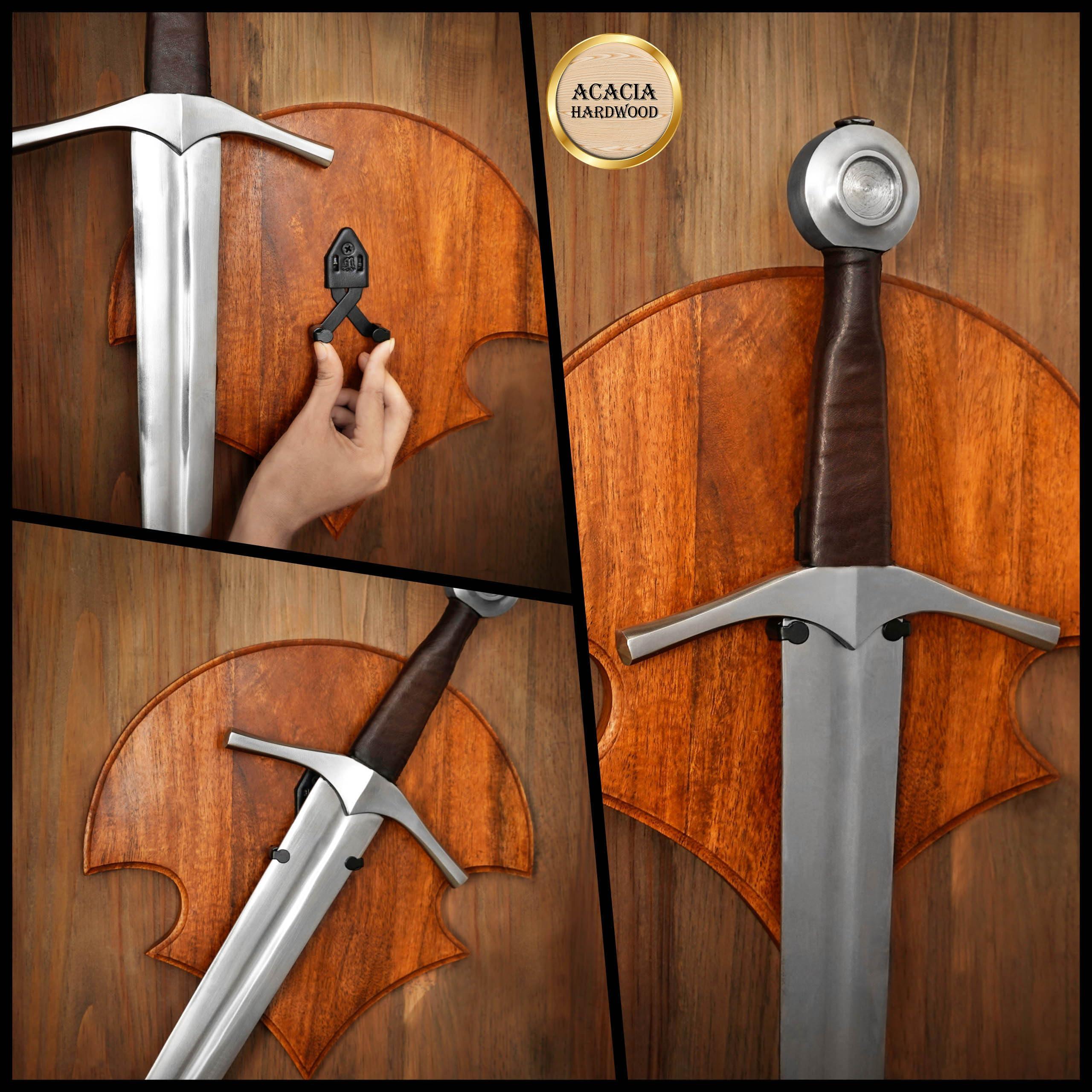 Mythrojan Mythrojan Wooden Sword Wall Mount Medieval Sword Plaque Sword Holder for Display Holder with Hardware Sword Hanger Wall Vertical Mount Single Rack Display Holder Home Dcor, Natural - 11.75\" x 11.75\"