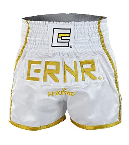 Combat Corner CRNR Muay Thai Shorts | Kickboxing Thai Boxing MMA Training Competition Athletic Shorts | White/Gold | Youth Small