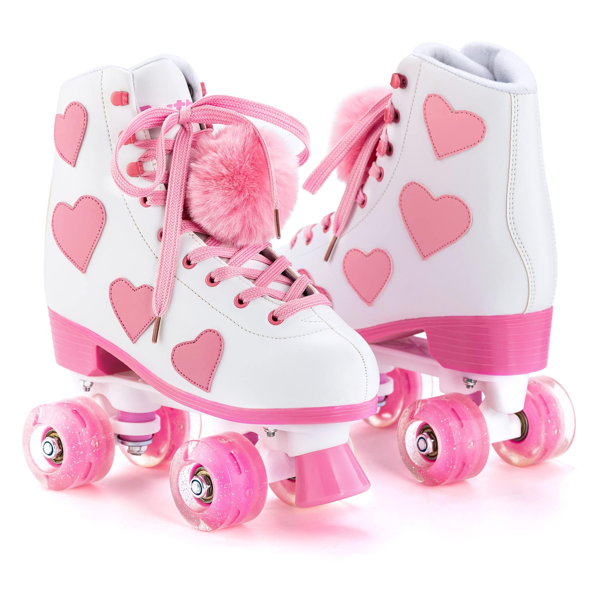 Ruthfot Ruthfot Women\'s and Girl\'s Classic Roller Skates with Light up Wheels and Love Heart Pattern, High-top PU Leather Rollerskates