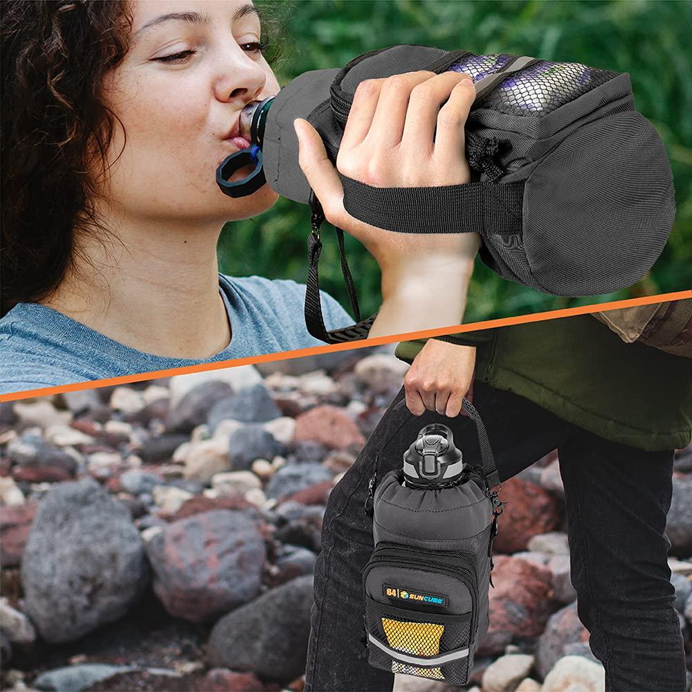 SUN CUBE SUN CUBE Water Bottle Carrier with Strap, Insulated Water Bottle Carrier Bag with Phone Pocket Pouch, Sleeve Sling Purse Crossbody Bottle Holder for Walking, Sports, Hiking Accessories, Gray 64oz