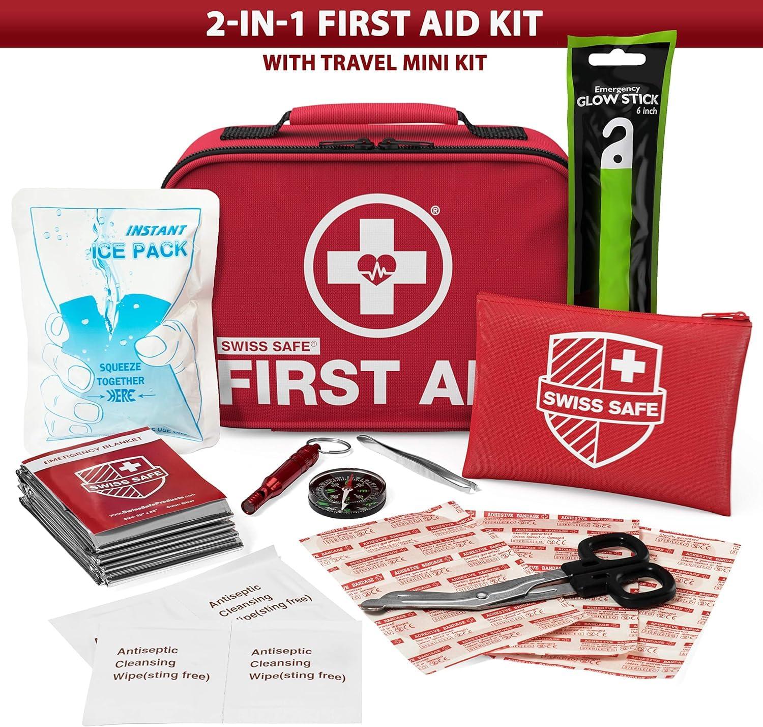 Swiss Safe Swiss Safe 2-in-1 First Aid Kit for Car, Travel & Home, Businesses - Bonus Mini Kit for Medical Emergency Aid, Survival, Camping - FSA & HSA Eligible - 120+32 Pcs, Small+Travel FAK