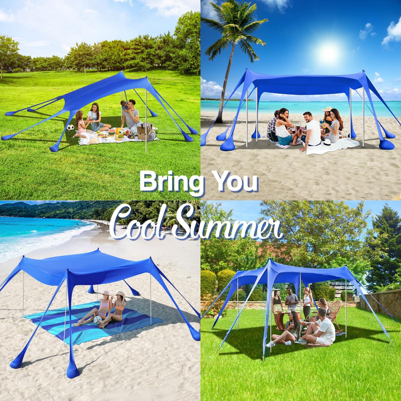 Rhino Valley Rhino Valley Beach Tent, 10 x 10 FT Beach Shade UPF50+ Protection, BeachCanopy with 8 Sandbags 4 Stability Poles, Outdoor BeachTent Sun Shelter Umbrella for Sand, Camping, Fishing Essentials, Indigo