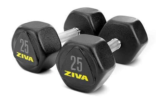 ZIVA ZIVA Performance RPU Hex Dumbbells Solid Steel Core, Premium Urethane Rubber Encasing, Corrosion Resistant - Commercial Grade for Rigorous Exercise, Strength Training - Pair of Two Dumbbell, 25 lb.