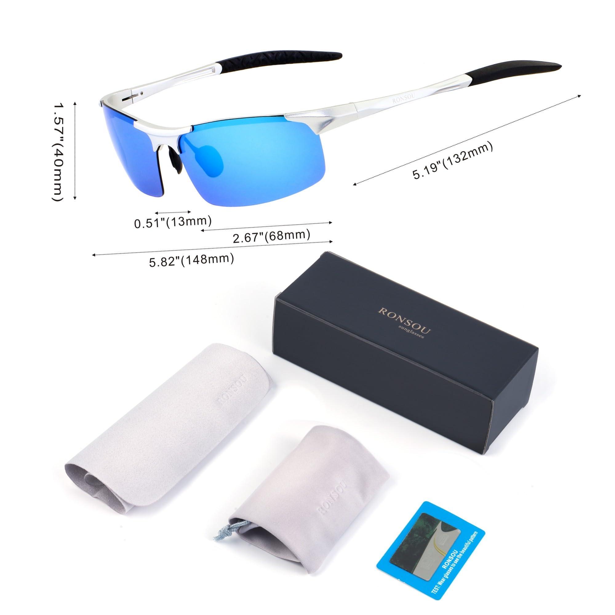 RONSOU RONSOU Mens Sunglasses Polarized Sport UV Protection Ultralight Al Mg Sunglasses for Men Fishing Driving Golf Silver Frame Blue Lens