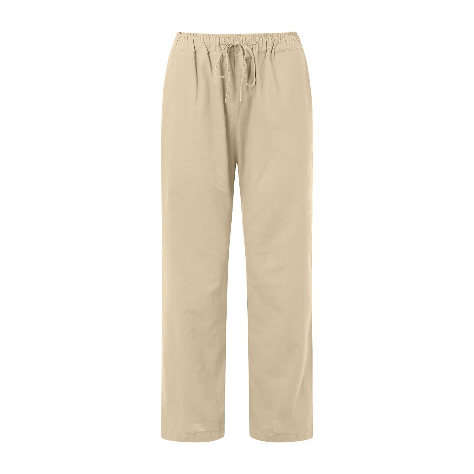 Franterd Linen Pants for Women Plus Size Summer Flowy Wide Leg Palazzo Pants Summer High Waisted Beach Trousers with Pockets