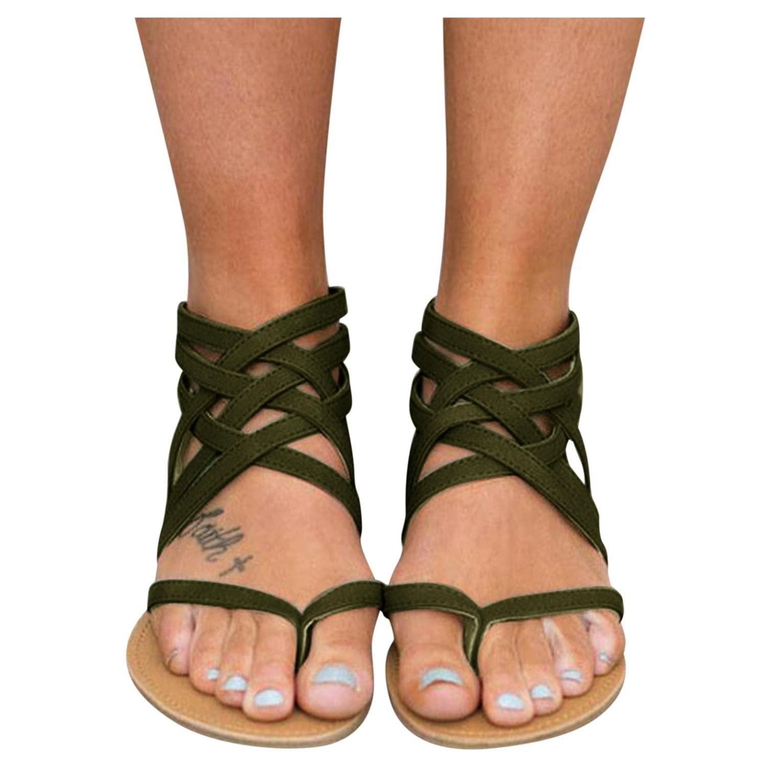Hbeylia Hbeylia Criss Cross Flat Sandals Flip Flops for Women Casual Summer Gladiator Crisscross Strappy Flat Sandals with Back Zipper for Beach Outdoor