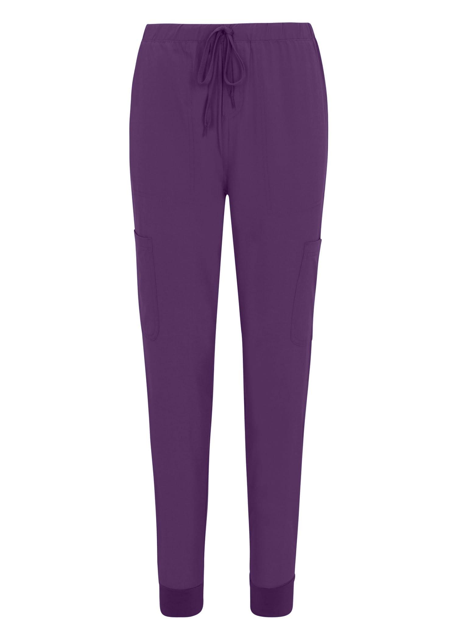 M&M SCRUBS M&M SCRUBS Women's Essential Jogger Scrub Set With Petite Sizes Only Nursing Uniform Clearance Cool Stretch Scrub Top and Pant Workwear (Eggplant, XX-Large-Petite)